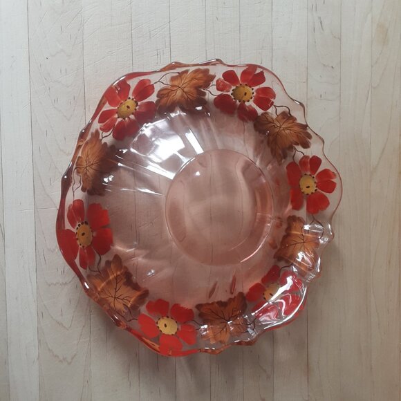 Pink Depression Glass Rolled Edge Console Bowl. Handpainted Flowers & Leaves - Picture 3 of 5